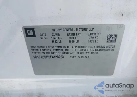 2014 Chevrolet Sonic Ls Auto z USA, uszkodzony, nr VIN 1G1JA6SH5E4128203